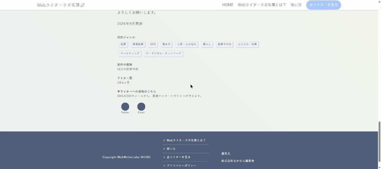 現行サイト 対応ジャンル・案件の種類・ライター歴・連絡先