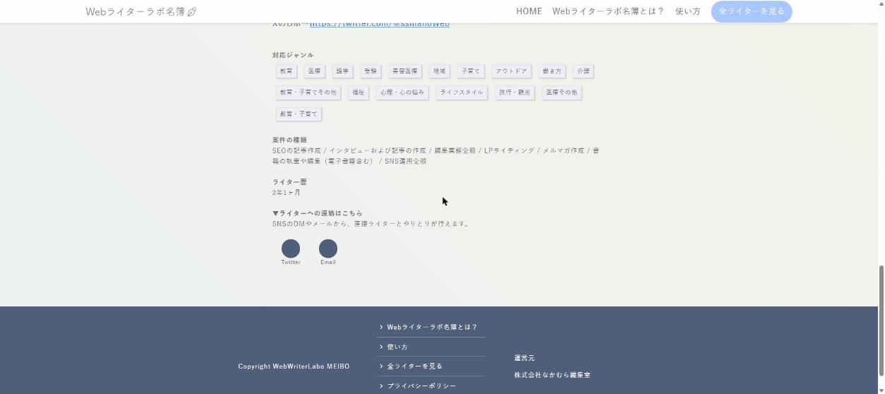 現行サイト 対応ジャンル・案件の種類・ライター歴・連絡先