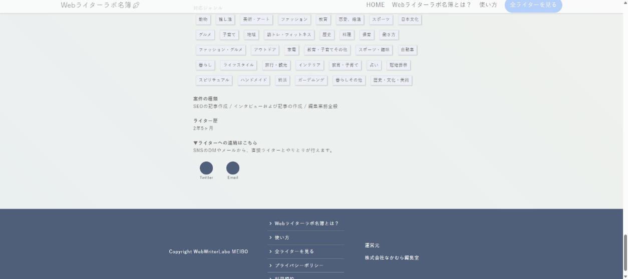 現行サイト 対応ジャンル・案件の種類・ライター歴・連絡先