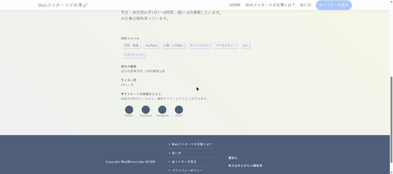 現行サイト 対応ジャンル・案件の種類・ライター歴・連絡先